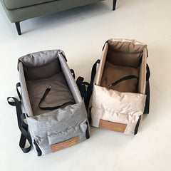 Portable Pet Car Seat – Elevated Dog & Cat Booster Seat, Armrest Carrier, Travel Safety Bag, Washable, Mesh Visibility Panel – Grey/Khaki, Small & Large