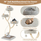 70" Tall Metal Cat Tree Tower with 3 Plush Perches & Sisal Scratching Posts - Marcapon