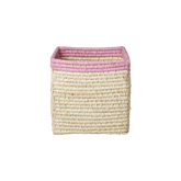 Small Square Raffia Storage Basket with a Pink Top