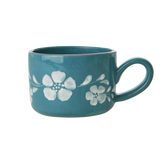 Ceramic Cappuccino Cup with Hand Painted White Flowers Vine - 6.7 oz