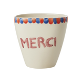 Ceramic Oval Cup with Hand Painted Merci - 10.1 oz