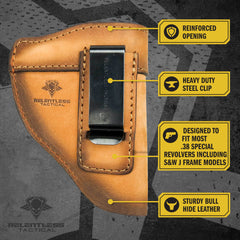 The Defender Leather IWB Holster - Fits Snub Nose Style Revolver - Lifetime Warranty - Made in USA