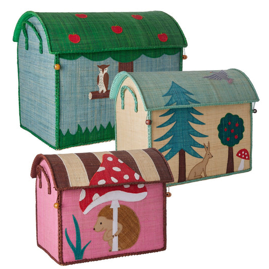 Raffia Toy Storage Baskets with Happy Forest Theme - Set of 3
