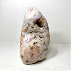Polished Pink Amethyst Flower Agate Freeform – Subtle Lavender Tones, Orbicular Patterns & Natural Druzy Cavities