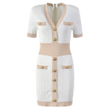 Ice Silk Knit Dress with Gold Buckle For Women, V-Neck, Upper East Side, BYMANYC New York.