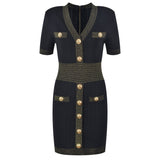 Ice Silk Knit Dress with Gold Buckle For Women, V-Neck, Upper East Side, BYMANYC New York.