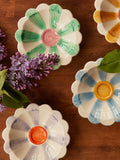 Ceramic Flower Dipping Bowl with Soft Green Hand Painted Stripes