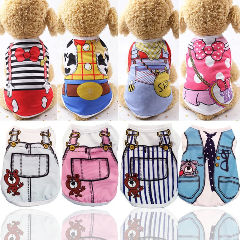 Small dog wearing summer cartoon print vest shirt outside on a sunny day
