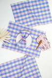 Handwoven Abigail plaid placemat in periwinkle blue and pink