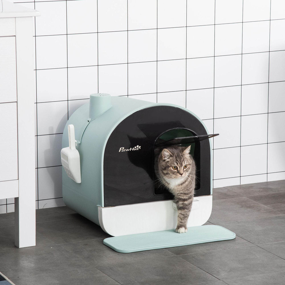 Covered Cat Litter Box with Odor Filter - Complete Privacy Kit with Tray, Scoop & Mat | Green Hooded Litter House - Marcapon