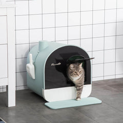 Covered Cat Litter Box with Odor Filter - Complete Privacy Kit with Tray, Scoop & Mat | Green Hooded Litter House - Marcapon