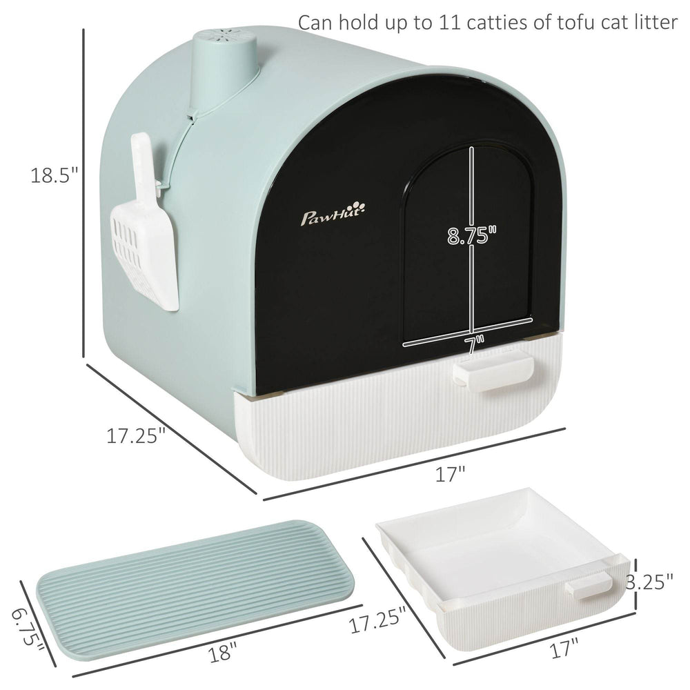 Covered Cat Litter Box with Odor Filter - Complete Privacy Kit with Tray, Scoop & Mat | Green Hooded Litter House - Marcapon