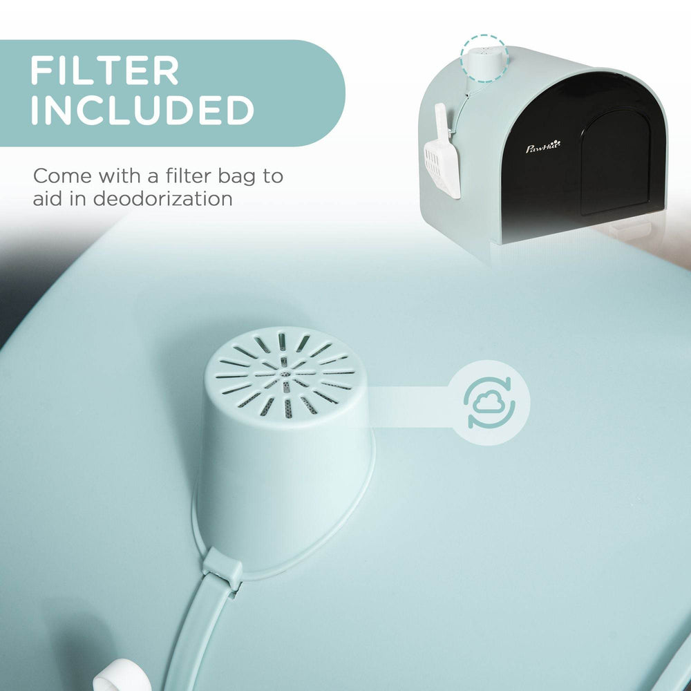 Covered Cat Litter Box with Odor Filter - Complete Privacy Kit with Tray, Scoop & Mat | Green Hooded Litter House - Marcapon