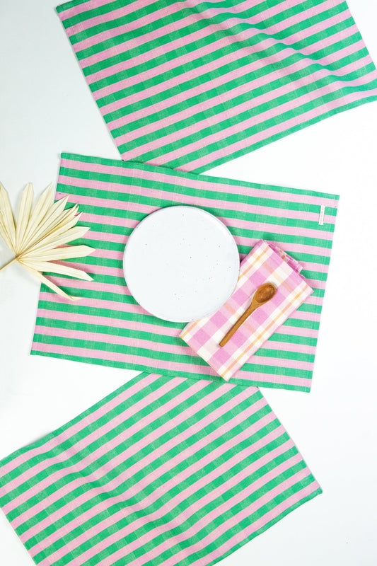 Handwoven Flora stripe placemat in light pink and kelly green