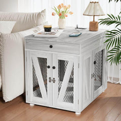 Furniture - Style Wooden Dog Crate End Table with USB Charging, Storage Drawer & Double Latch – For Medium Dogs up to 40 lbs - Marcapon