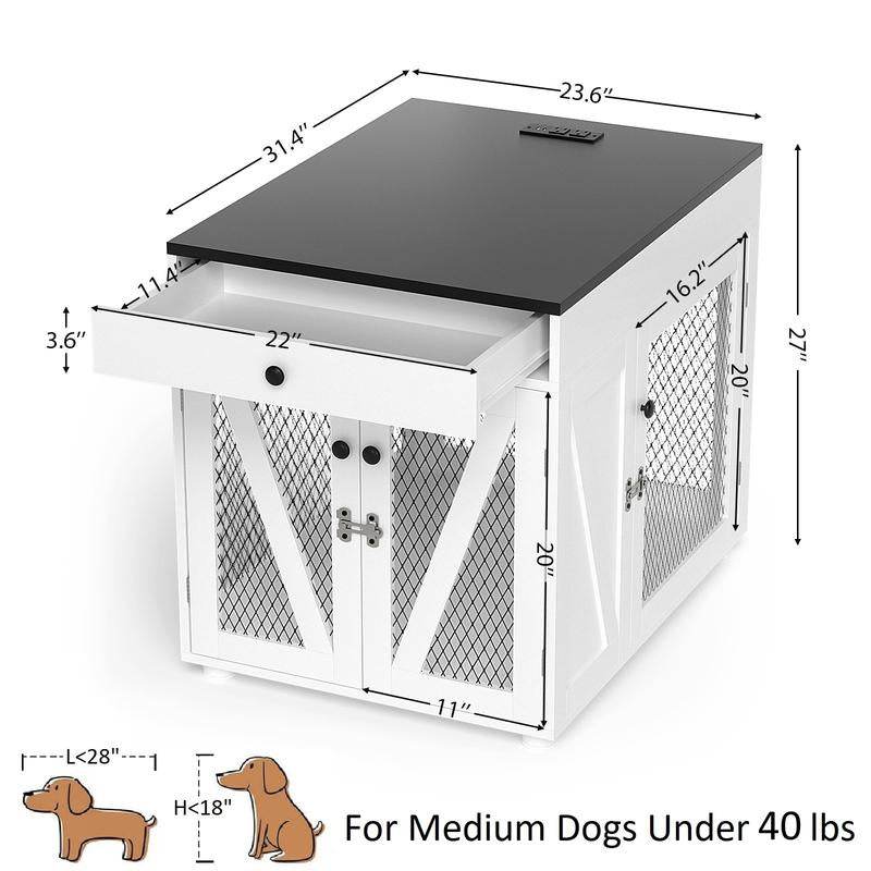 Furniture - Style Wooden Dog Crate End Table with USB Charging, Storage Drawer & Double Latch – For Medium Dogs up to 40 lbs - Marcapon
