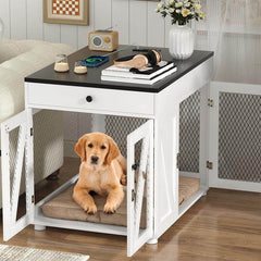 Furniture - Style Wooden Dog Crate End Table with USB Charging, Storage Drawer & Double Latch – For Medium Dogs up to 40 lbs - Marcapon