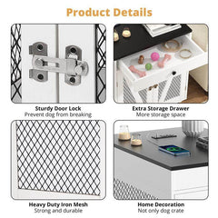 Furniture - Style Wooden Dog Crate End Table with USB Charging, Storage Drawer & Double Latch – For Medium Dogs up to 40 lbs - Marcapon