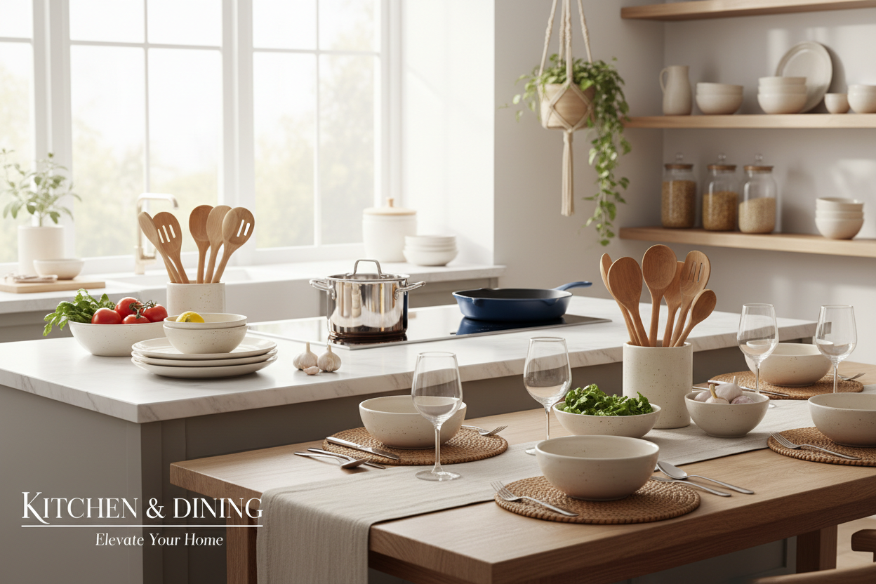 Modern kitchen with dining table set, utensils, and decor.