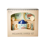 Melamine baby dinner set in gift box with blue jungle animal print including plate, sippy cup and cutlery