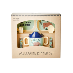 Melamine baby dinner set in gift box with blue jungle animal print including plate, sippy cup and cutlery