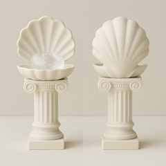 Roman Column Clam Shell Crystal Pebble Holder – White Stone-Like Marble Pedestal Display by KREATEUR Studio (Beta)