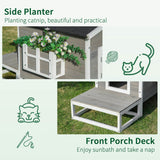 Weatherproof Outdoor Cat House with Porch & Escape Door - Feral Cat Shelter with Plant Stand | Dark Grey/White Wood Construction - Marcapon