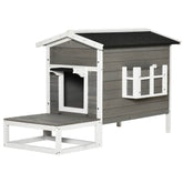 Weatherproof Outdoor Cat House with Porch & Escape Door - Feral Cat Shelter with Plant Stand | Dark Grey/White Wood Construction - Marcapon