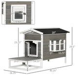 Weatherproof Outdoor Cat House with Porch & Escape Door - Feral Cat Shelter with Plant Stand | Dark Grey/White Wood Construction - Marcapon