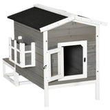 Weatherproof Outdoor Cat House with Porch & Escape Door - Feral Cat Shelter with Plant Stand | Dark Grey/White Wood Construction - Marcapon
