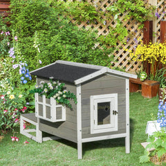 Weatherproof Outdoor Cat House with Porch & Escape Door - Feral Cat Shelter with Plant Stand | Dark Grey/White Wood Construction - Marcapon