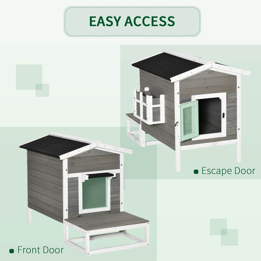 Weatherproof Outdoor Cat House with Porch & Escape Door - Feral Cat Shelter with Plant Stand | Dark Grey/White Wood Construction - Marcapon
