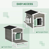 Weatherproof Outdoor Cat House with Porch & Escape Door - Feral Cat Shelter with Plant Stand | Dark Grey/White Wood Construction - Marcapon