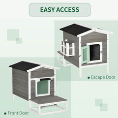 Weatherproof Outdoor Cat House with Porch & Escape Door - Feral Cat Shelter with Plant Stand | Dark Grey/White Wood Construction - Marcapon