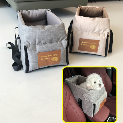 Portable Pet Car Seat – Elevated Dog & Cat Booster Seat, Armrest Carrier, Travel Safety Bag, Washable, Mesh Visibility Panel – Grey/Khaki, Small & Large