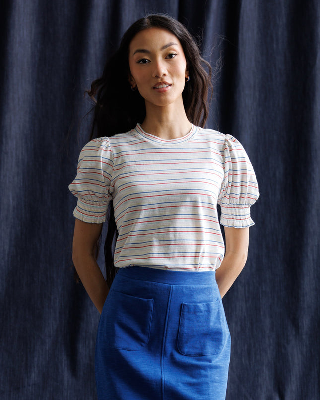 Tres Belle Striped Puff-Sleeve Top