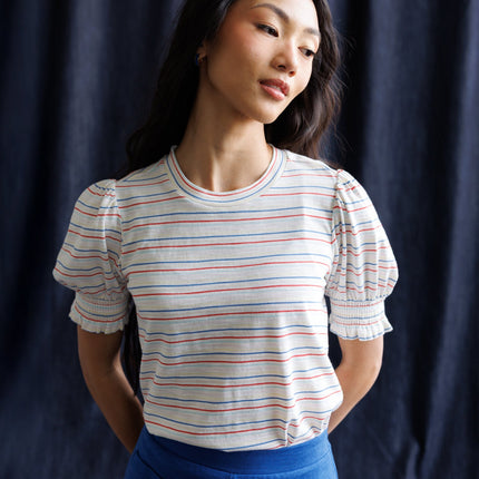 Tres Belle Striped Puff-Sleeve Top