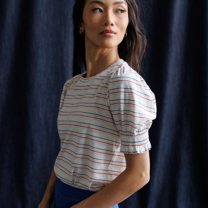 Tres Belle Striped Puff-Sleeve Top
