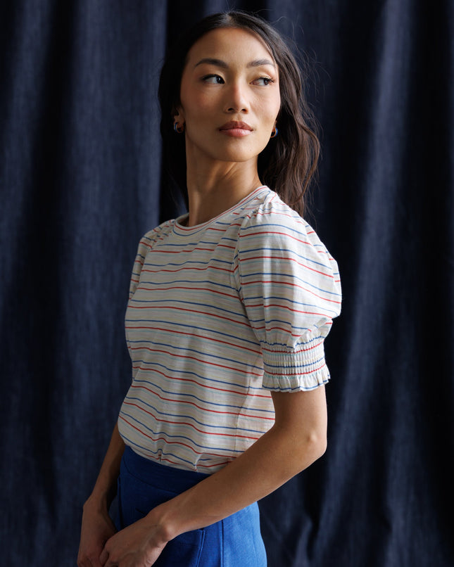 Tres Belle Striped Puff-Sleeve Top