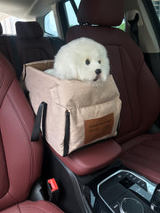 Portable Pet Car Seat – Elevated Dog & Cat Booster Seat, Armrest Carrier, Travel Safety Bag, Washable, Mesh Visibility Panel – Grey/Khaki, Small & Large