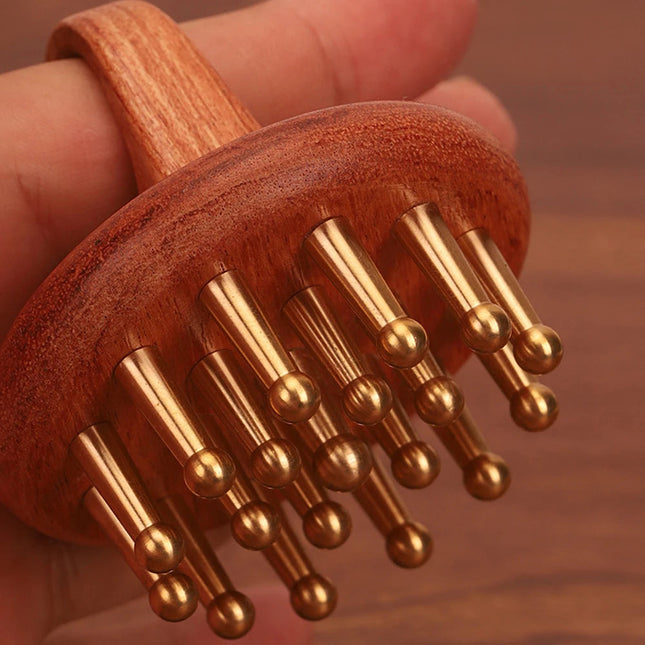Copper Wood Head Meridian Massage Comb | Gua Sha Scalp & Body Therapy Tool