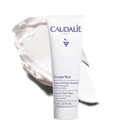 Caudalie Vinoperfect Glycolic Peel Mask 75 mL white tube with a creamy mask swatch on a white background