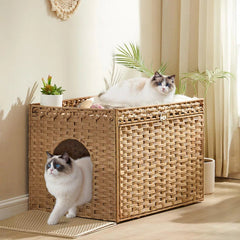 Boho Handwoven Rattan Hidden Litter Box Furniture | Washable Tray & Litter Mat Included