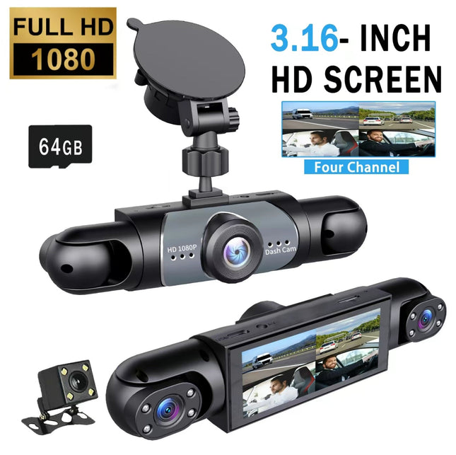 FullScope 4-Way Dash Cam | 1080P Full HD 360° Coverage with Night Vision & 64GB SD Card