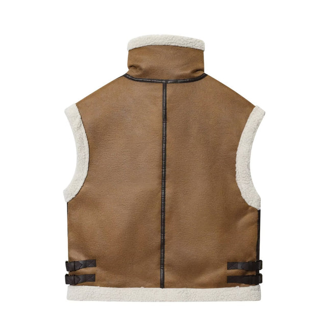 Brown Faux-Shearling Vest with Buckle Collar