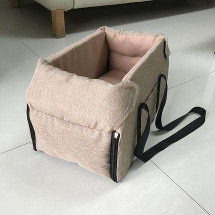 Portable Pet Car Seat – Elevated Dog & Cat Booster Seat, Armrest Carrier, Travel Safety Bag, Washable, Mesh Visibility Panel – Grey/Khaki, Small & Large