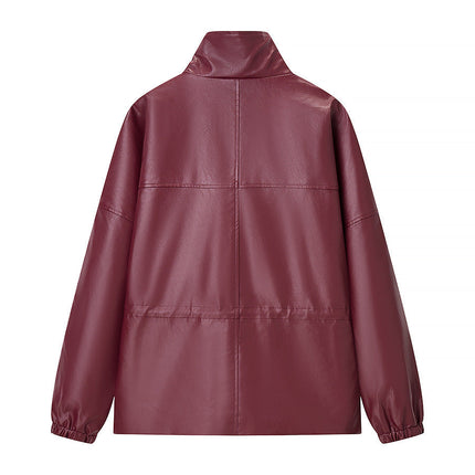Burgundy Faux-Leather High-Neck Utility Jacket