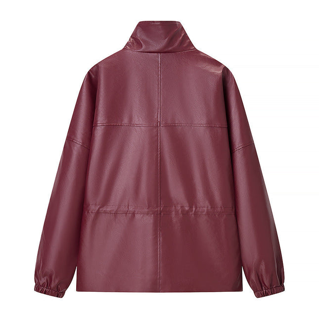Burgundy Faux-Leather High-Neck Utility Jacket