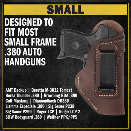 The Defender Leather IWB Holster - Fits Ruger LCP, LCP2, Sig P238, P290, S&W Bodyguard .380 and Most .380's - Lifetime Warranty - Made in USA