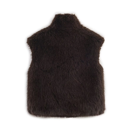 High-Neck Brown Faux-Fur Zip Vest